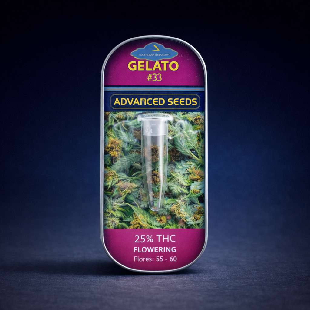 Lata Gelato #33 de Advanced Seeds en primer plano sobre fondo oscuro, con tubo de semillas visible en el centro
