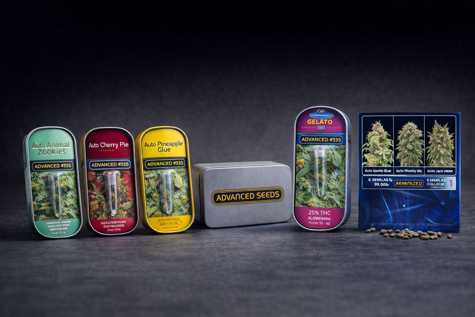 Conjunto de Advanced Seeds con varias latas auto, estuche metálico con logo y caja de colección con semillas delante