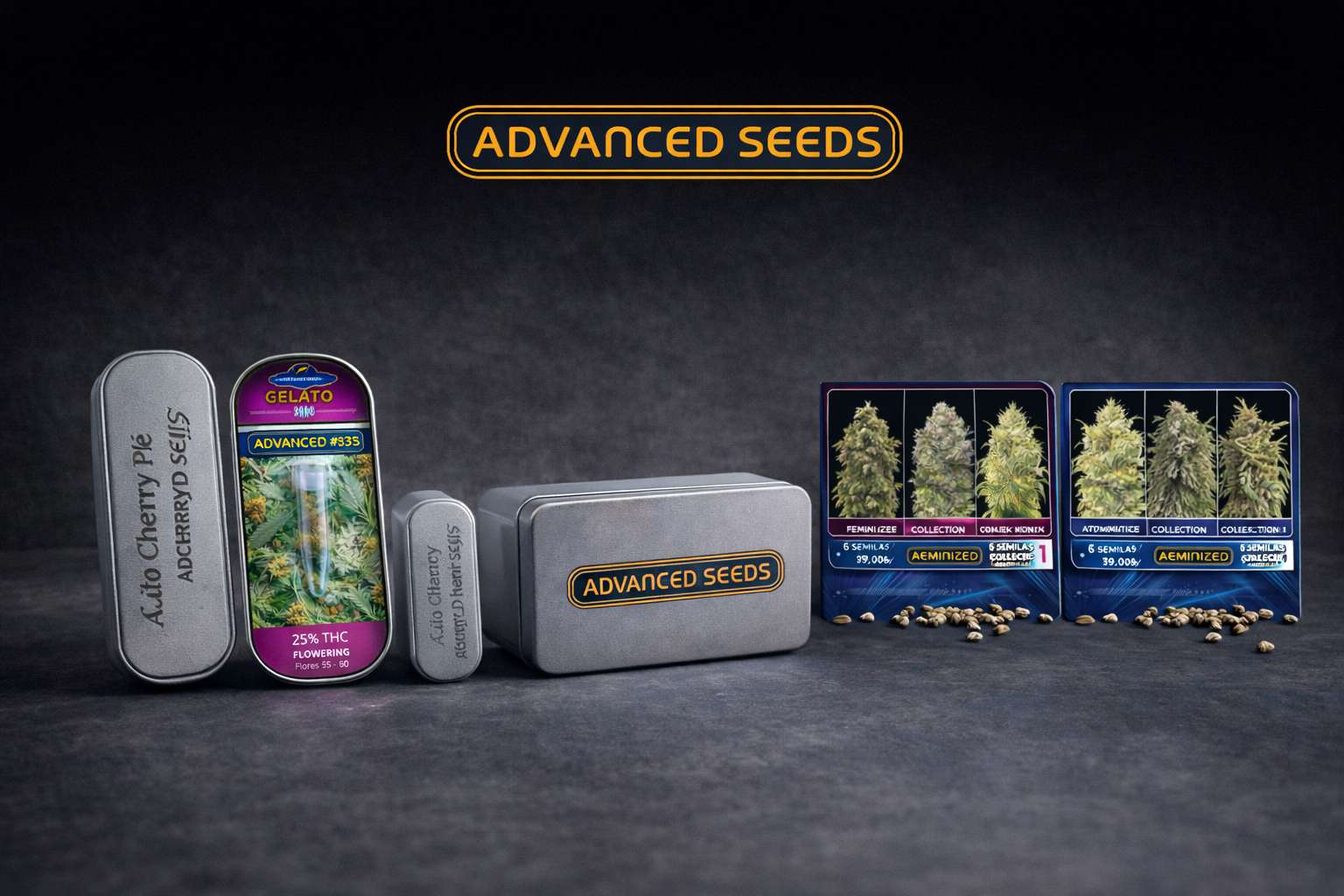 Lineup de Advanced Seeds con varias latas, estuche metálico y cajas de colección sobre fondo oscuro con semillas delante