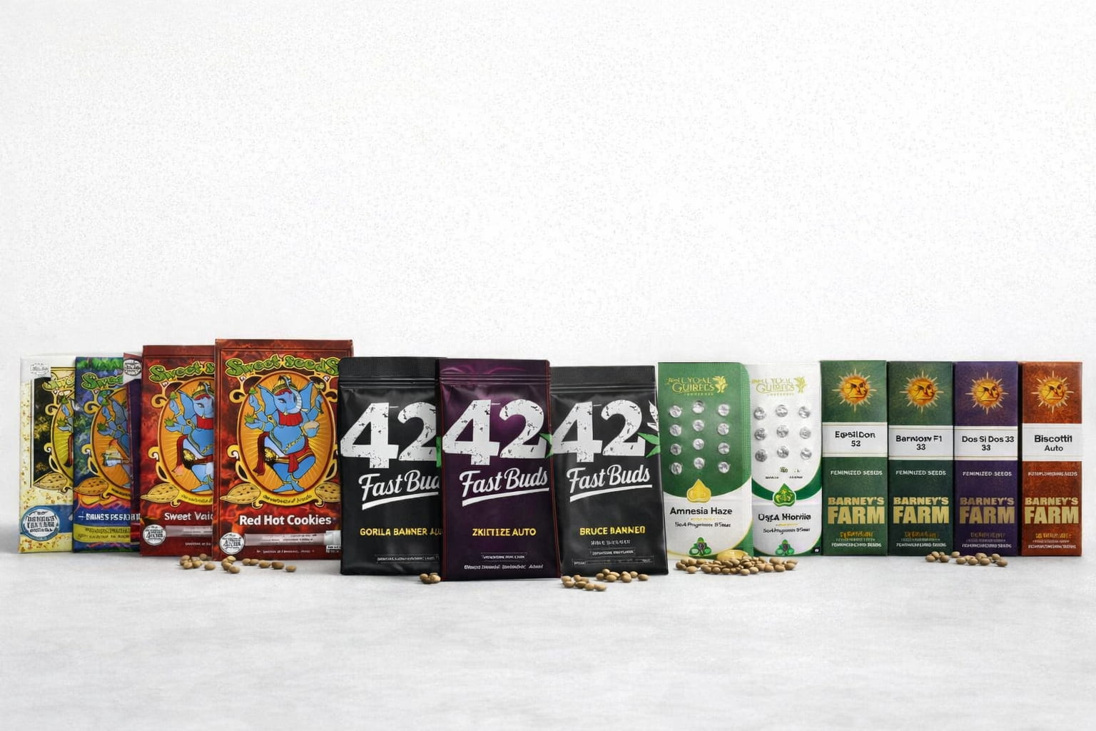 Catálogo amplio de semillas autoflorecientes de varias marcas alineadas sobre fondo neutro