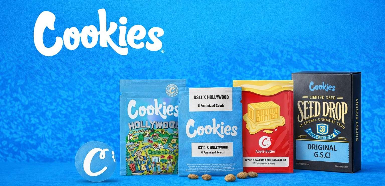 Display de semillas Cookies Seed Bank con bolsas Hollywood, RS11 x Hollywood y Seed Drop sobre fondo azul