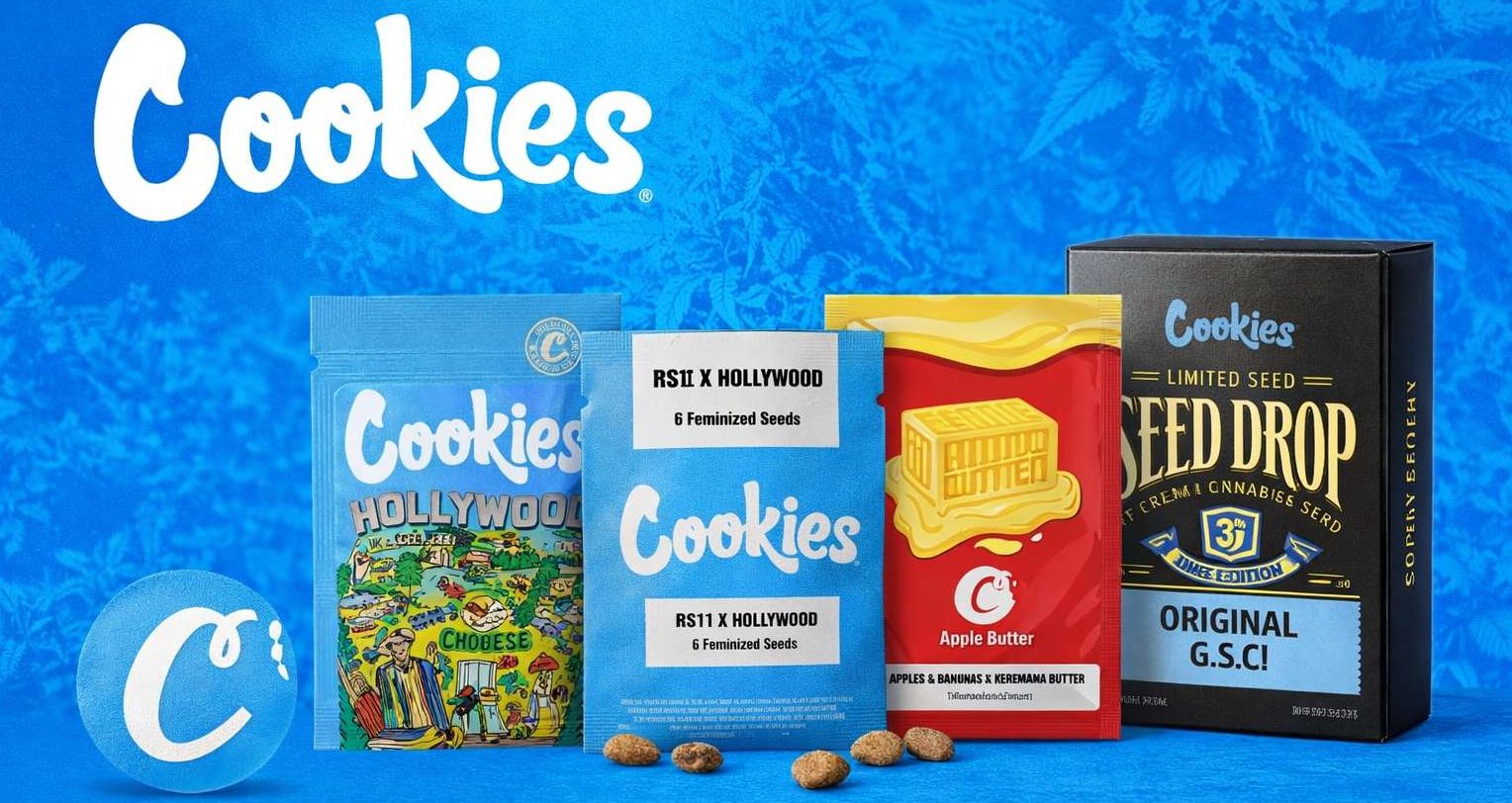 Packaging variado de Cookies Seed Bank con bolsas Hollywood, RS11 x Hollywood y caja Seed Drop sobre fondo azul