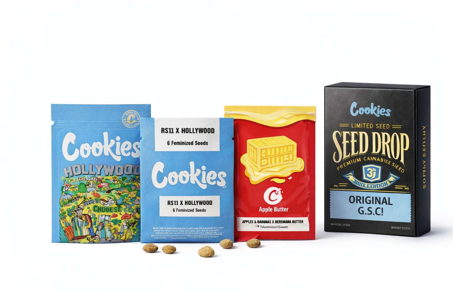 Bolsas de semillas Cookies Seed Bank Hollywood y RS11 x Hollywood sobre fondo blanco con semillas visibles