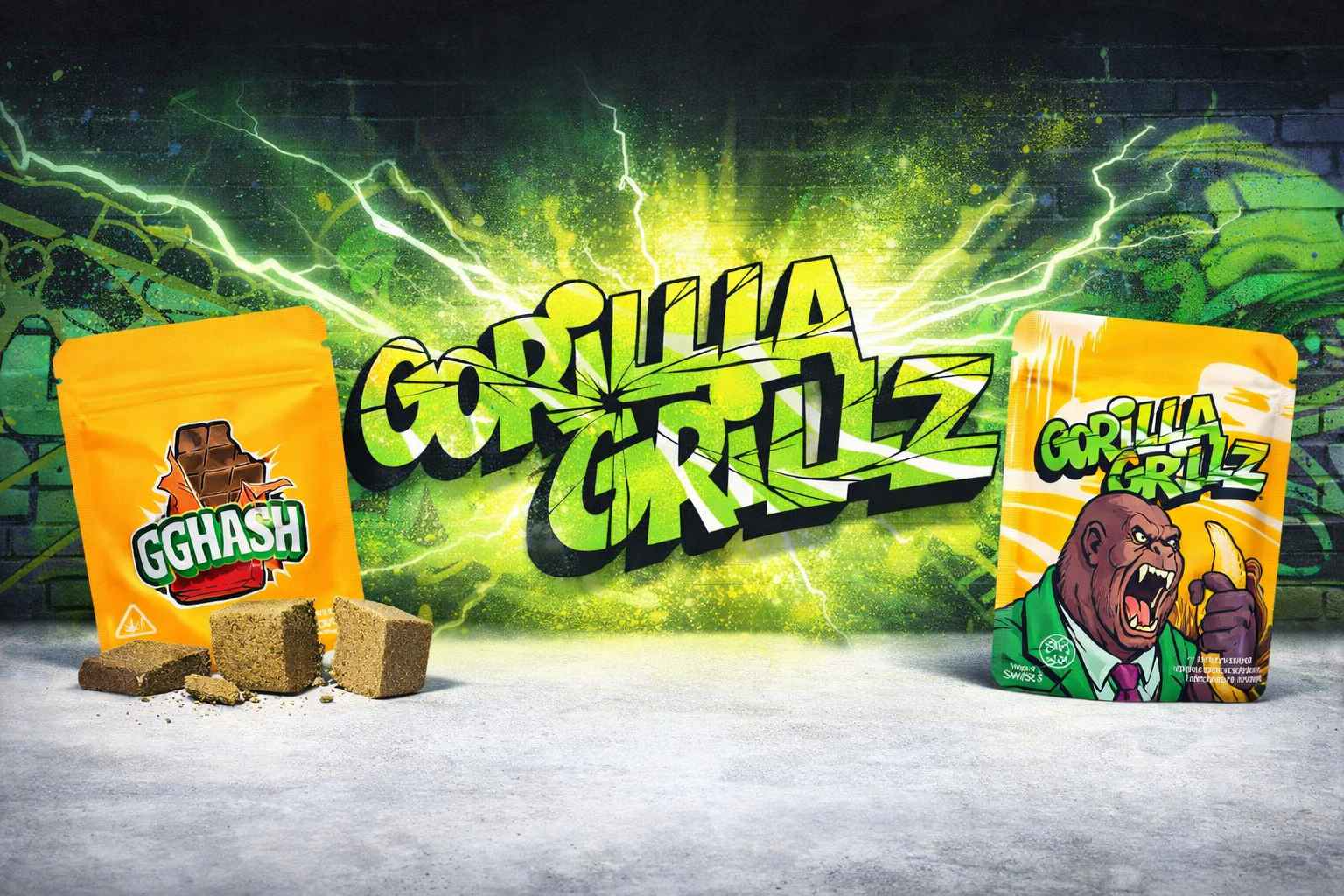 Bolsas GG Hash y Gorilla Grillz sobre fondo graffiti verde con logo central, con bloques de resina y cogollos CBD