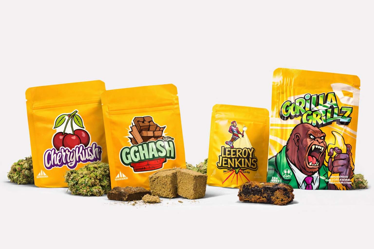 Pack de Gorilla Grillz con bolsas Cherry Kush, GG Hash y Leroy Jenkins junto a cogollos CBD y bloques de resina