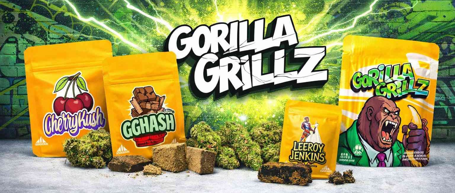 Productos Gorilla Grillz sobre fondo graffiti con logo central, bolsas amarillas y cogollos CBD junto a resinas en mesa