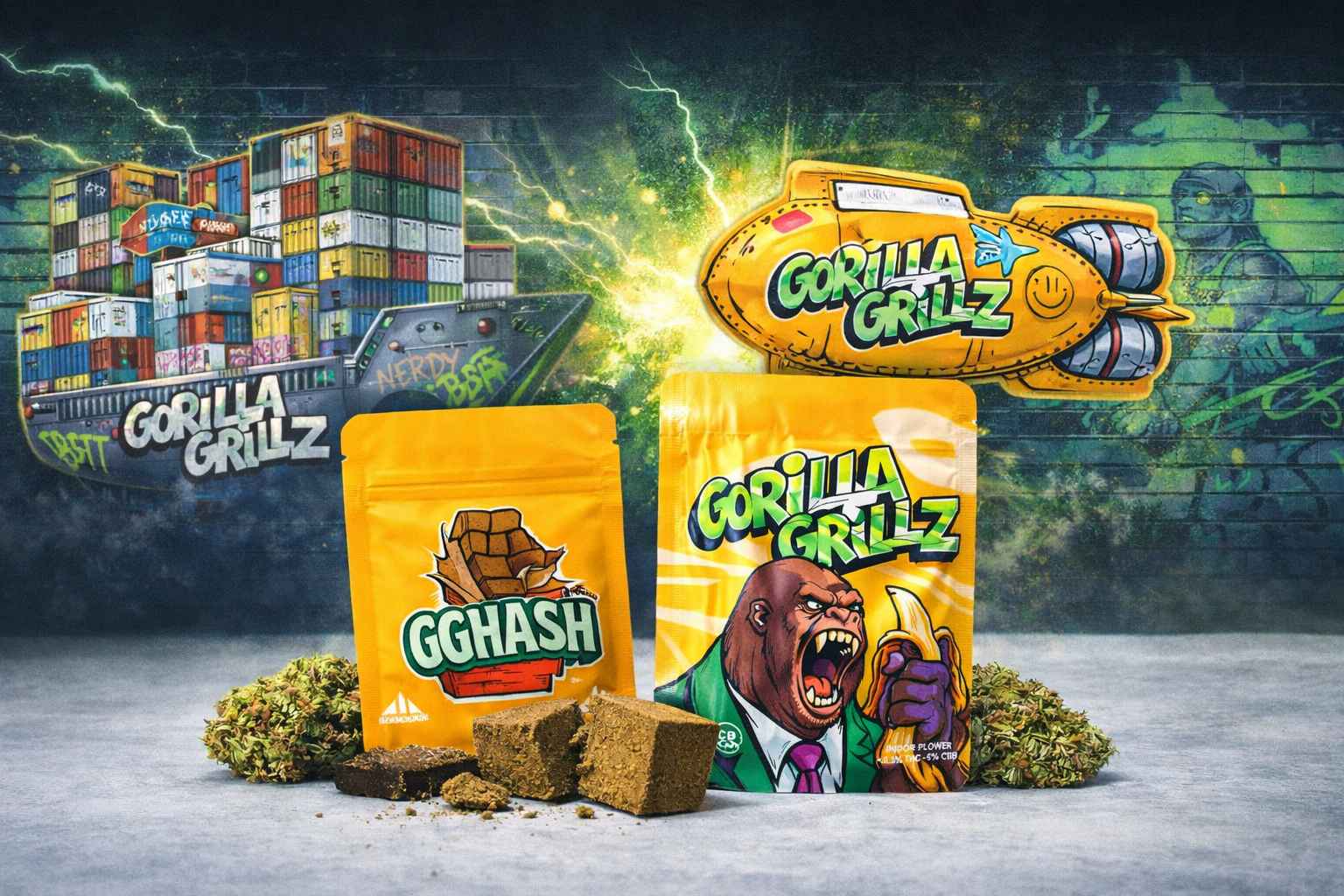 Bolsas GG Hash y Gorilla Grillz con cogollos CBD y bloques de resina sobre fondo graffiti con contenedores y logo