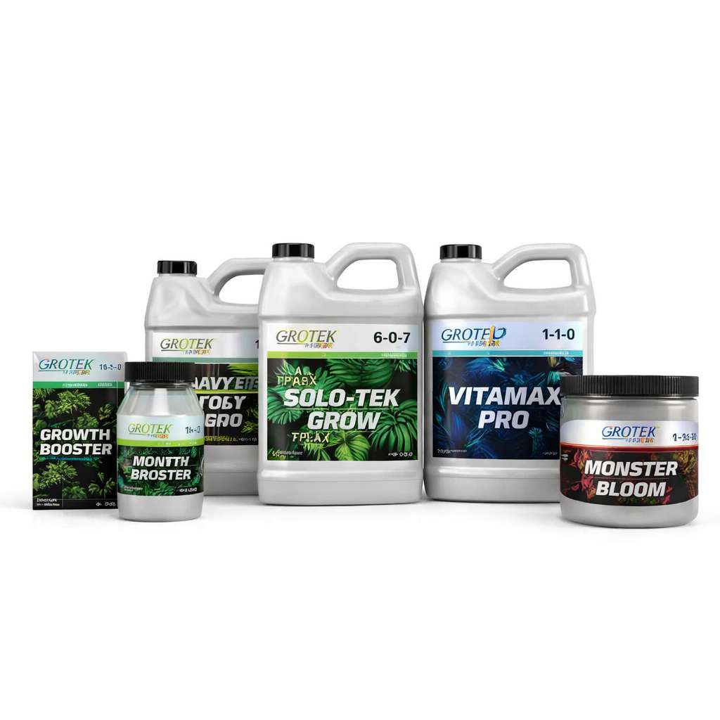 Conjunto de productos Grotek con Solo-Tek Grow, Vitamax Pro, Monster Bloom y otros estimuladores sobre fondo blanco