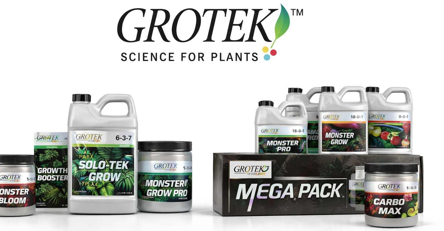 Logotipo Grotek Science for Plants con varios productos y caja Mega Pack, incluyendo Solo-Tek Grow, Monster Grow Pro y Carbo Max