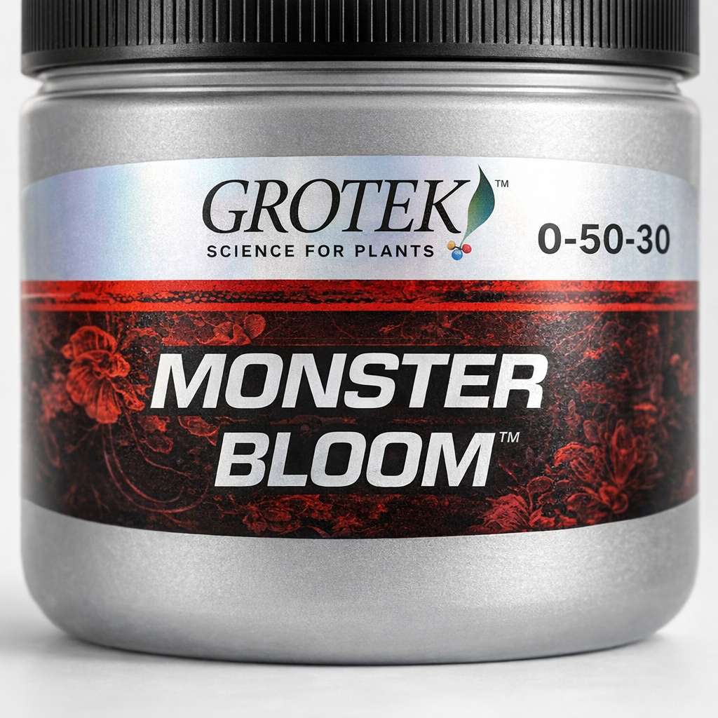 Detalle del bote Monster Bloom de Grotek con el texto Monster Bloom y el logotipo Grotek sobre fondo claro