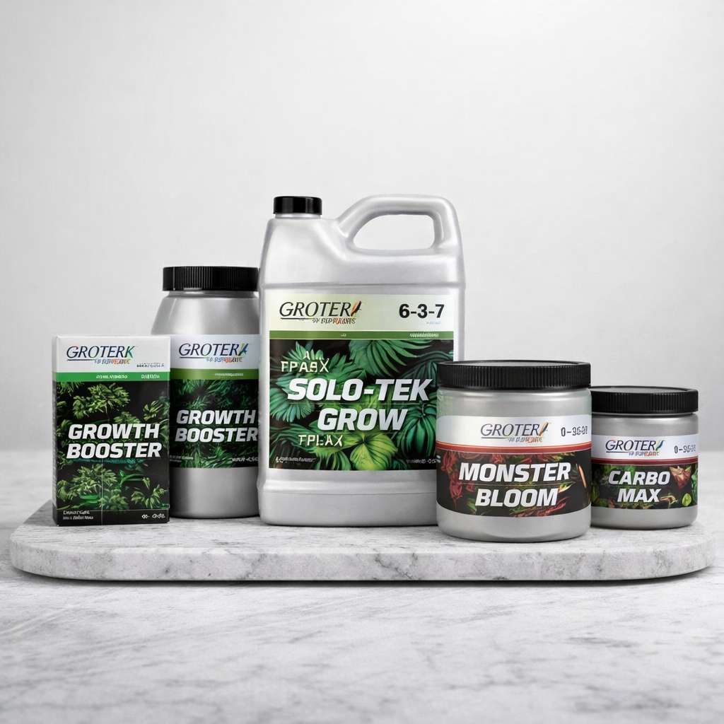 Productos Grotek sobre base tipo mármol con Solo-Tek Grow, Monster Bloom, Carbo Max y Growth Booster en primer plano