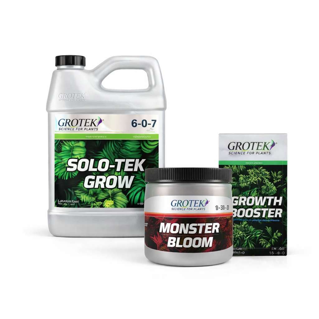 Grotek Solo-Tek Grow junto a Monster Bloom y Growth Booster en una composición de producto sobre fondo blanco