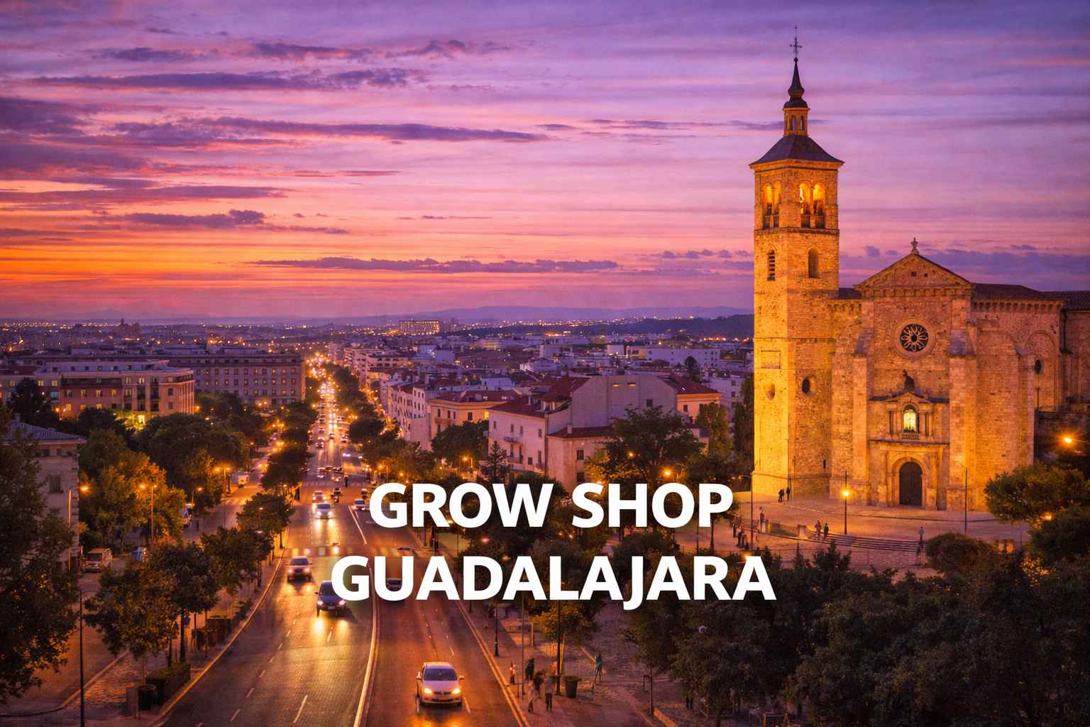 Panorámica de Guadalajara al atardecer con iglesia iluminada y avenida principal, imagen para grow shop en Guadalajara