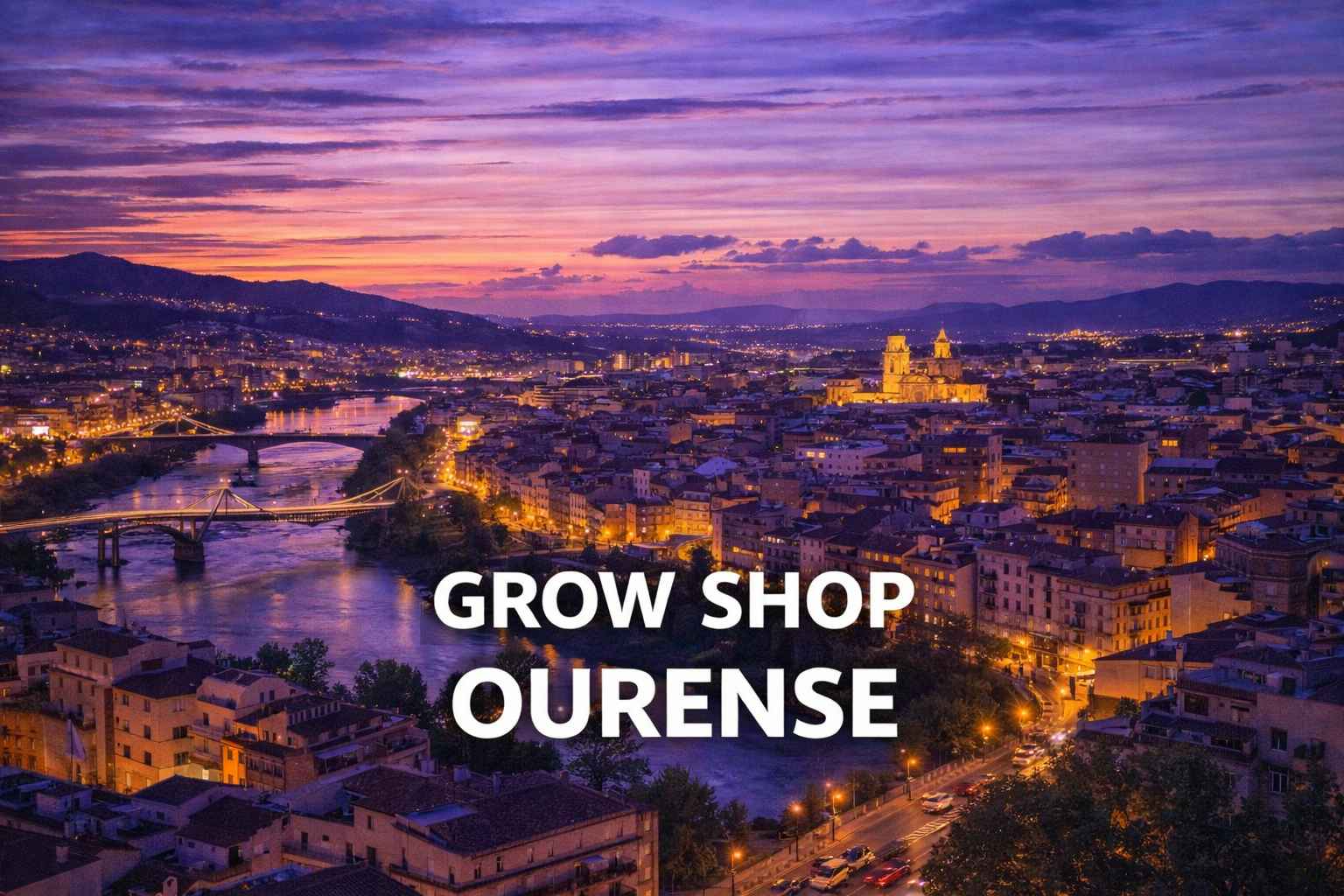 Vista nocturna de Ourense con el río Miño y puentes iluminados al atardecer