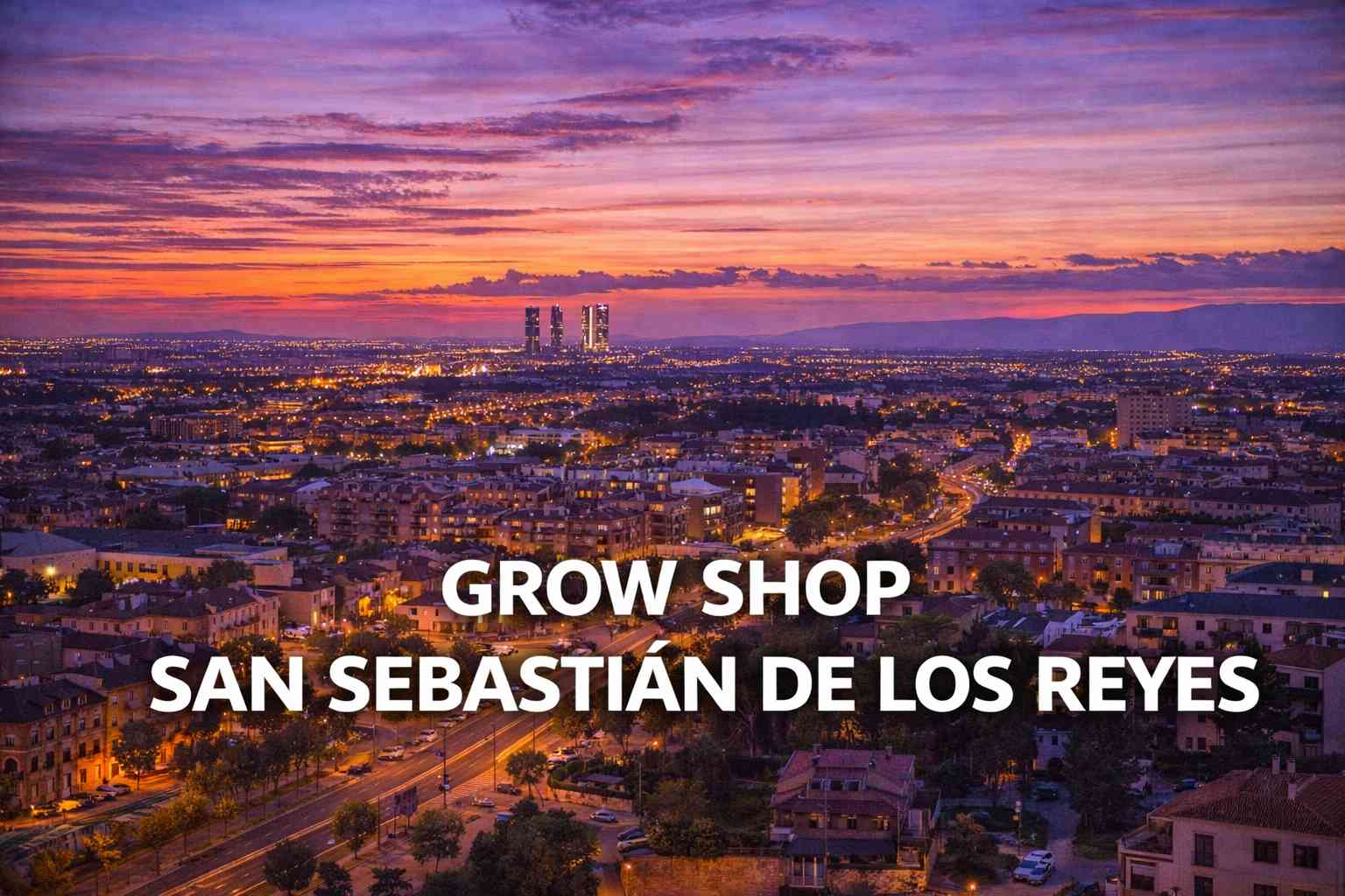 Vista urbana de San Sebastián de los Reyes al atardecer con avenida iluminada y skyline al fondo