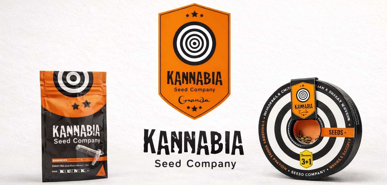 Packaging oficial de Kannabia Seed Company con bolsa sellada y estuche circular 3+1 sobre fondo blanco