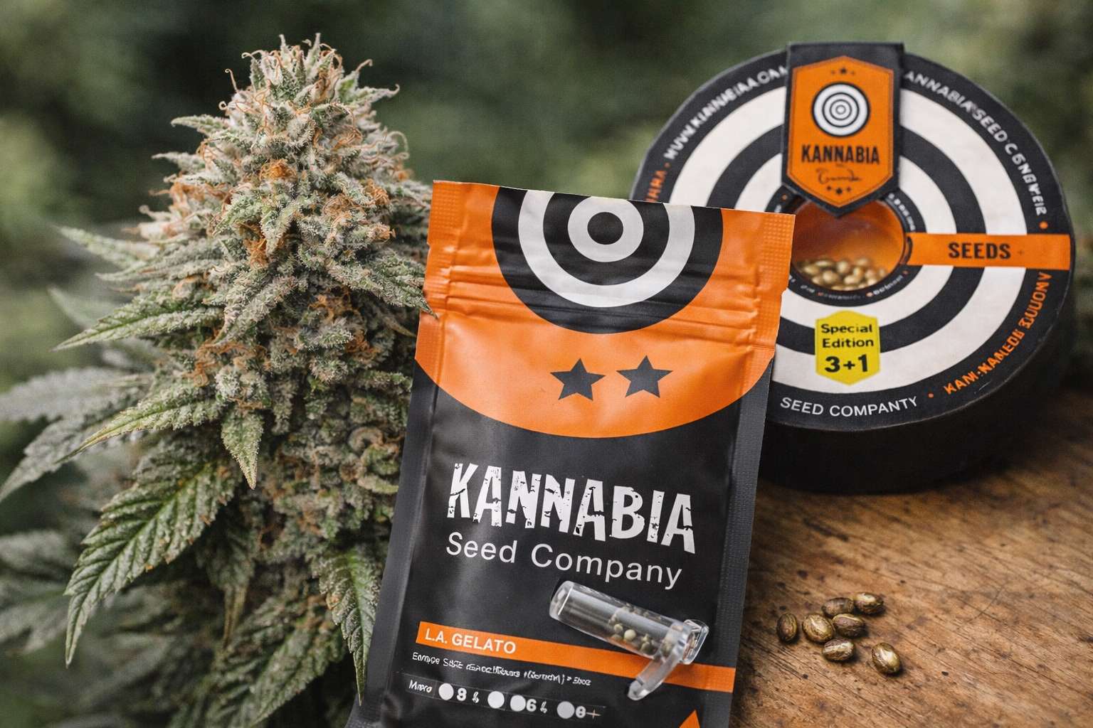 Bolsa L.A. Gelato de Kannabia Seed Company con estuche 3+1 y cogollo al fondo