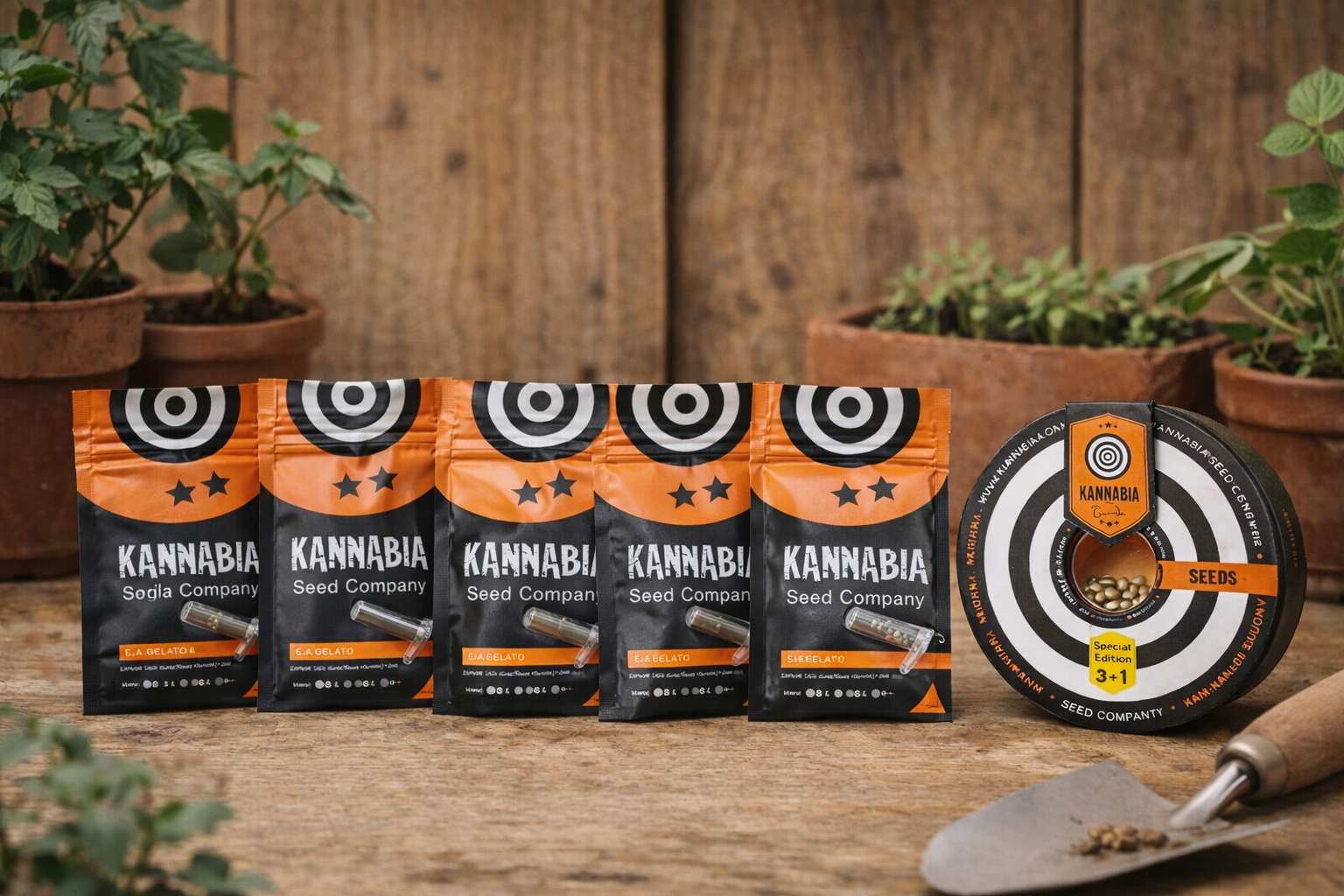 Varias bolsas L.A. Gelato de Kannabia Seed Company alineadas con estuche circular 3+1