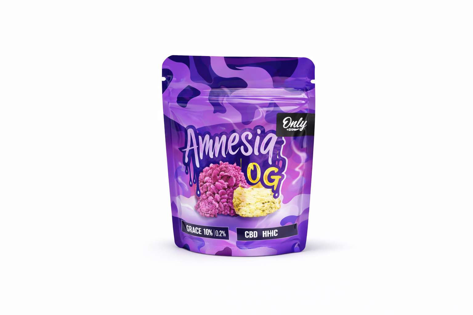 Bolsa Amnesia OG de Only CBD aislada sobre fondo blanco, con diseño morado y el nombre del producto visible en el frontal
