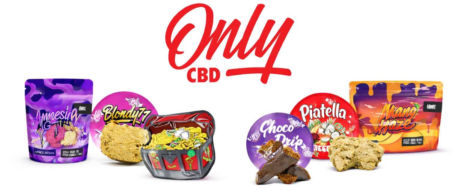 Logotipo Only CBD en rojo sobre fondo blanco con varios productos debajo, incluyendo envases de hash y un paquete Mango Haze