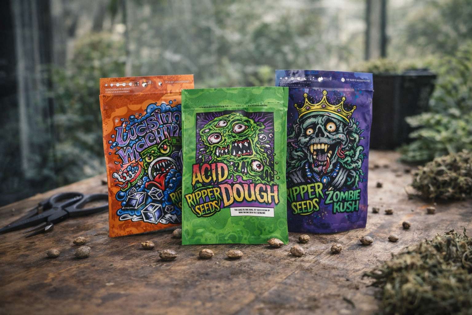 Tres paquetes de Ripper Seeds sobre mesa de madera con semillas visibles y fondo de cultivo desenfocado