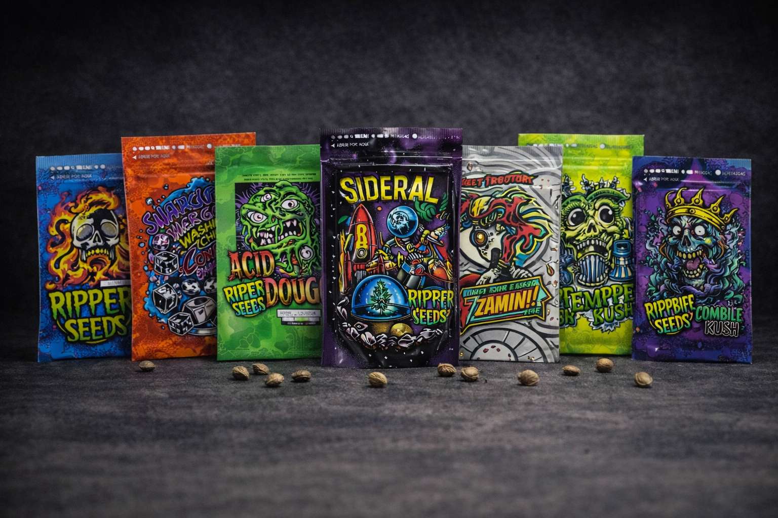 Lineup de varias bolsas de Ripper Seeds alineadas sobre fondo oscuro con semillas delante y diseños distintos