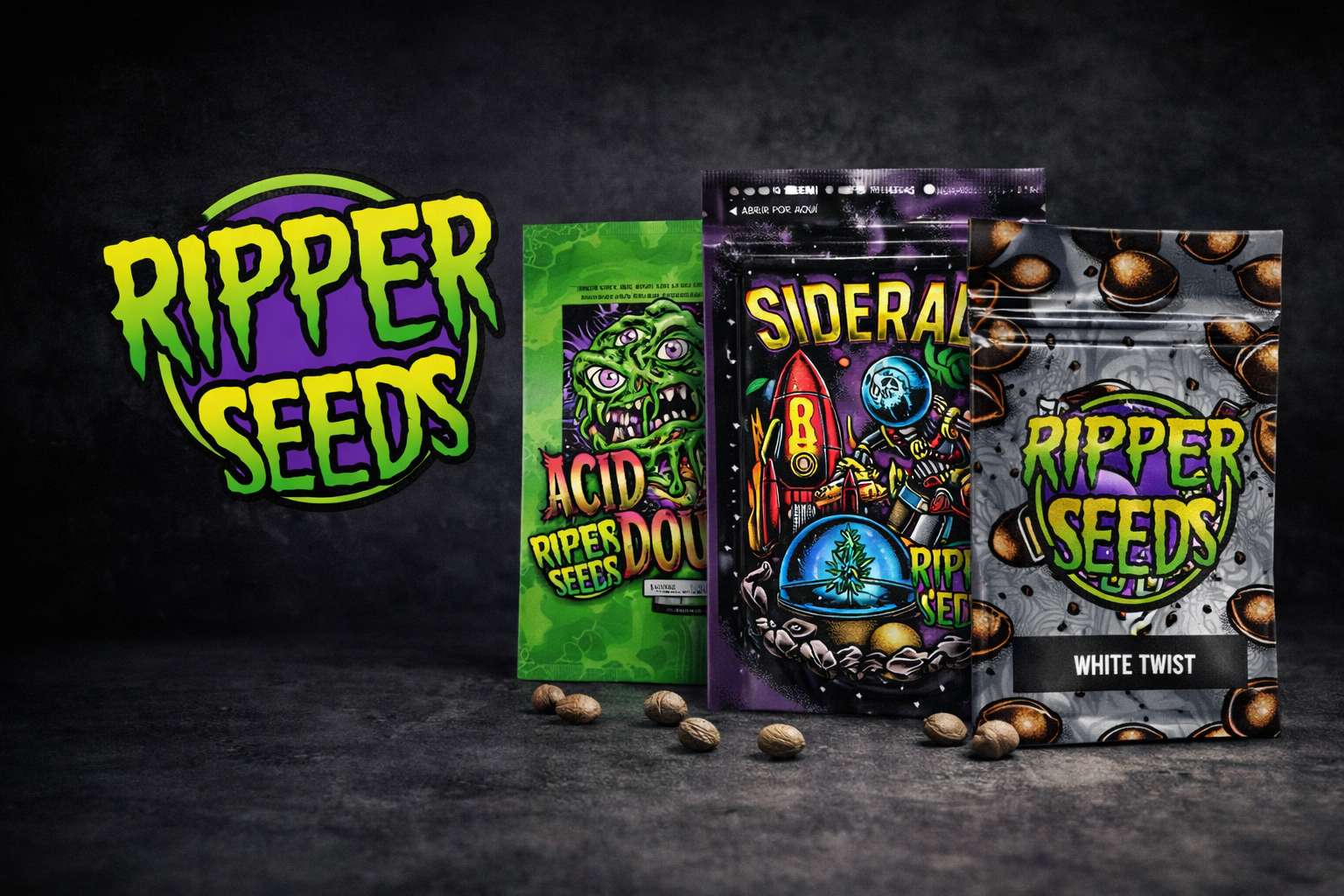 Logotipo Ripper Seeds sobre fondo oscuro junto a tres bolsas: Acid Dough, Sideral y White Twist con semillas delante