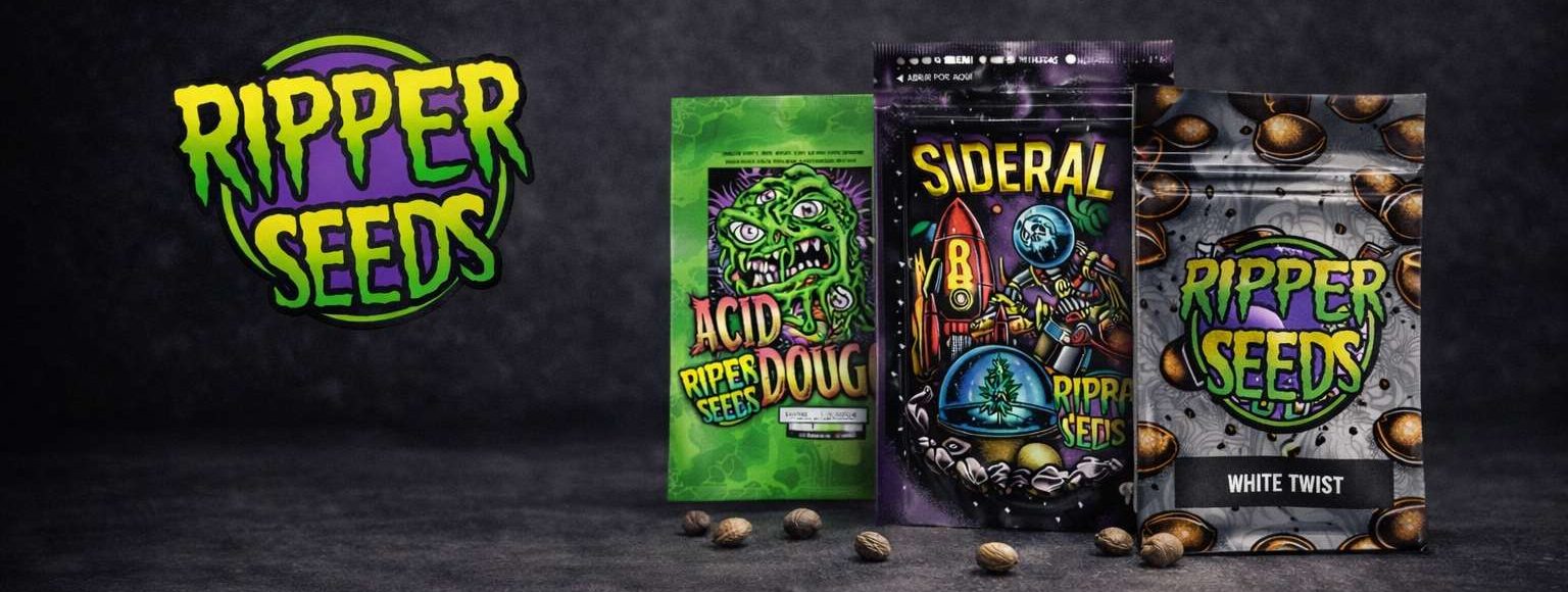 Logotipo Ripper Seeds a la izquierda y tres bolsas a la derecha sobre fondo oscuro con semillas repartidas delante