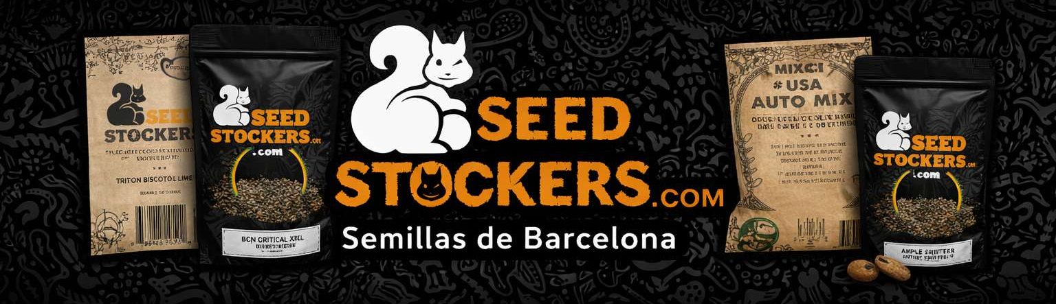 Banner Seedstockers.com con logo de ardilla y texto Semillas de Barcelona sobre fondo negro
