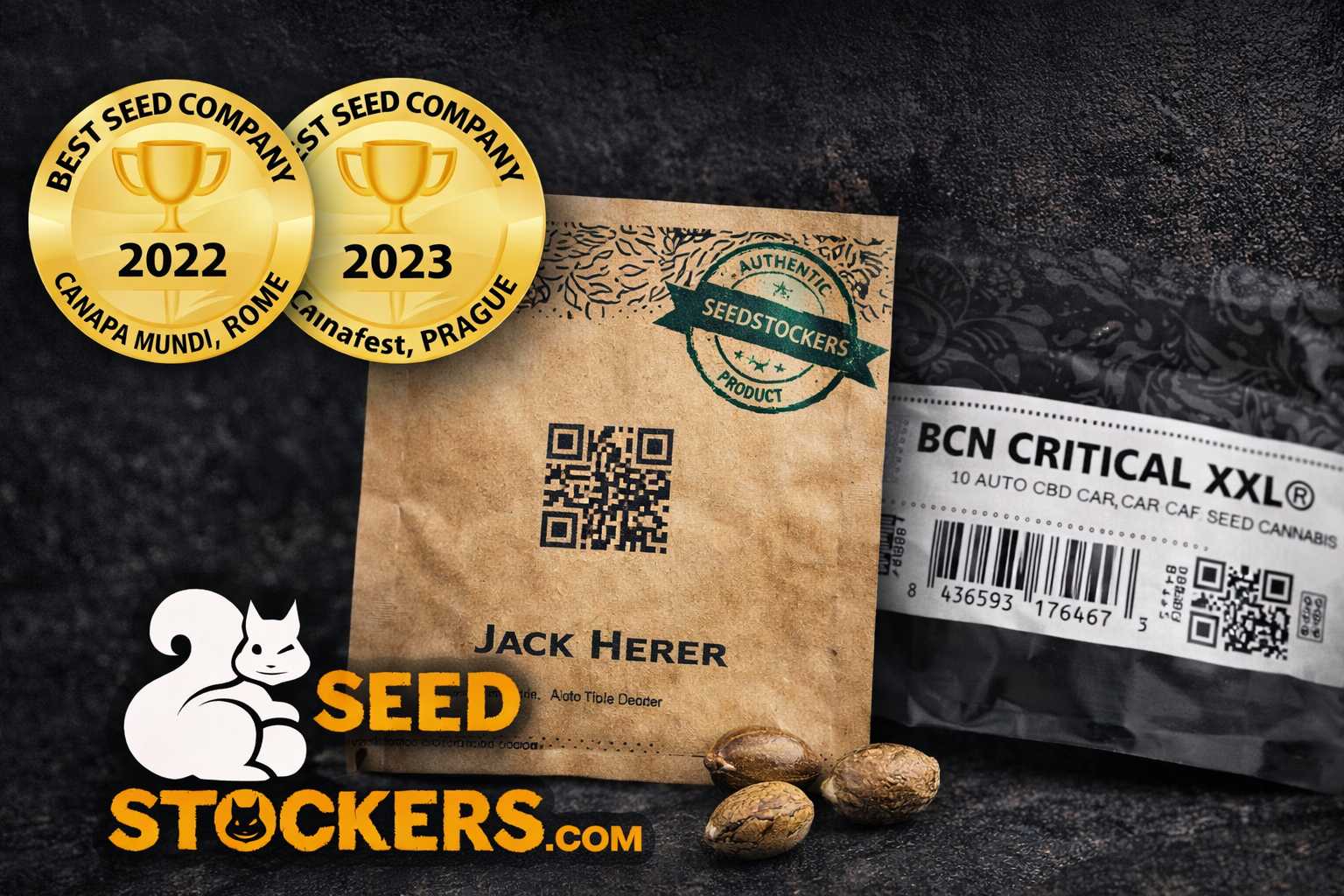 Detalle del envase Jack Herer Seedstockers con codigo QR y bolsa BCN Critical XXL