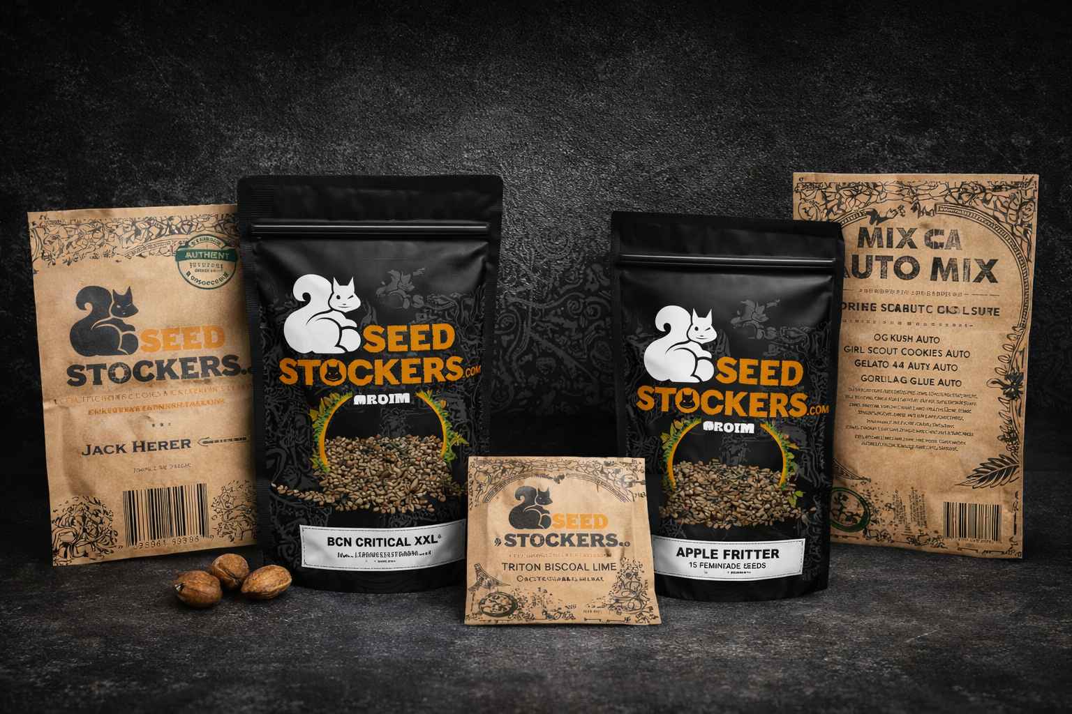 Expositor con BCN Critical XXL, Apple Fritter y otros envases Seedstockers sobre fondo oscuro
