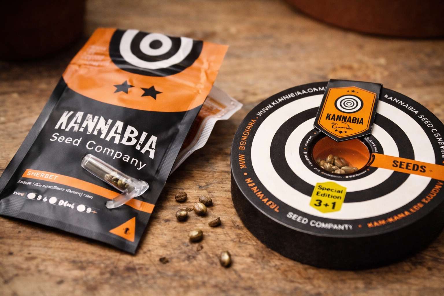 Bolsa Sherbet de Kannabia Seeds junto a estuche circular 3+1 con semillas visibles sobre mesa de madera