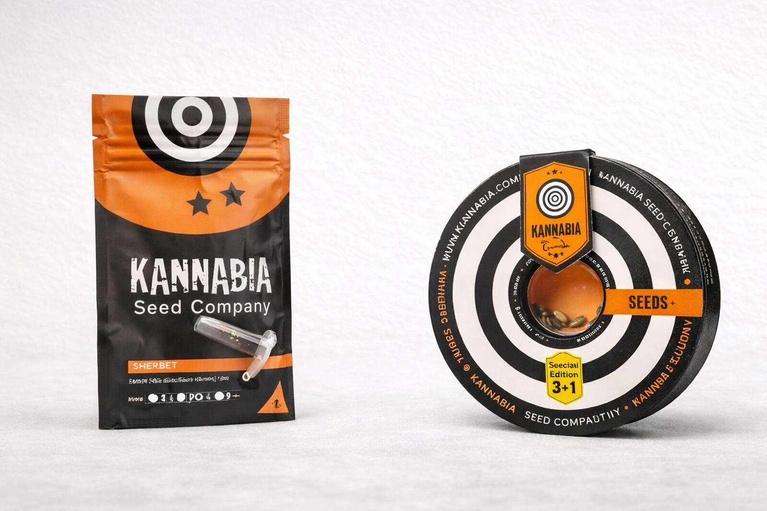 Bolsa Sherbet de Kannabia Seed Company junto a estuche circular edición especial 3+1
