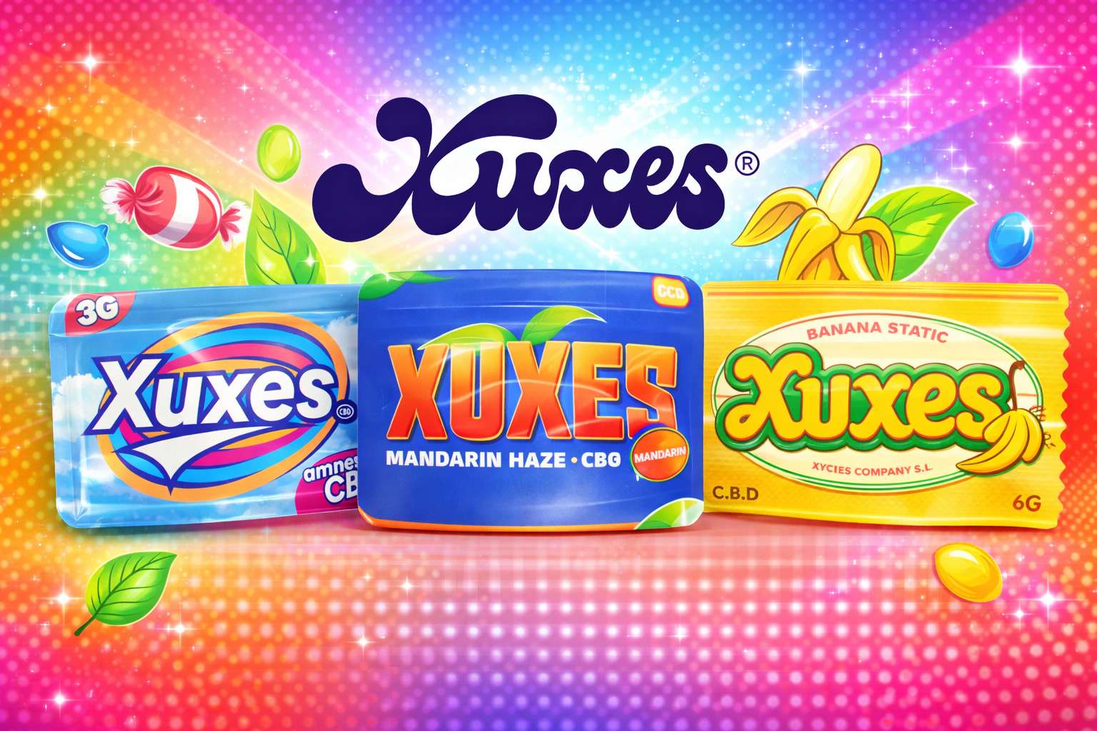 Banner colorido de Xuxes con tres envases CBD en primer plano, incluyendo Mandarin Haze y Banana Static, con caramelos ilustrados