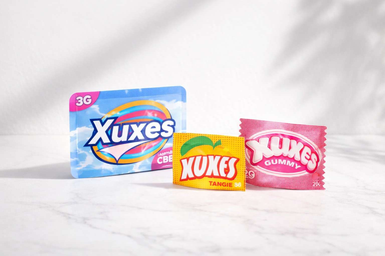 Tres envases Xuxes sobre superficie tipo mármol: paquete 3G, sobre Tangie y sobre Xuxes Gummy, con luz suave