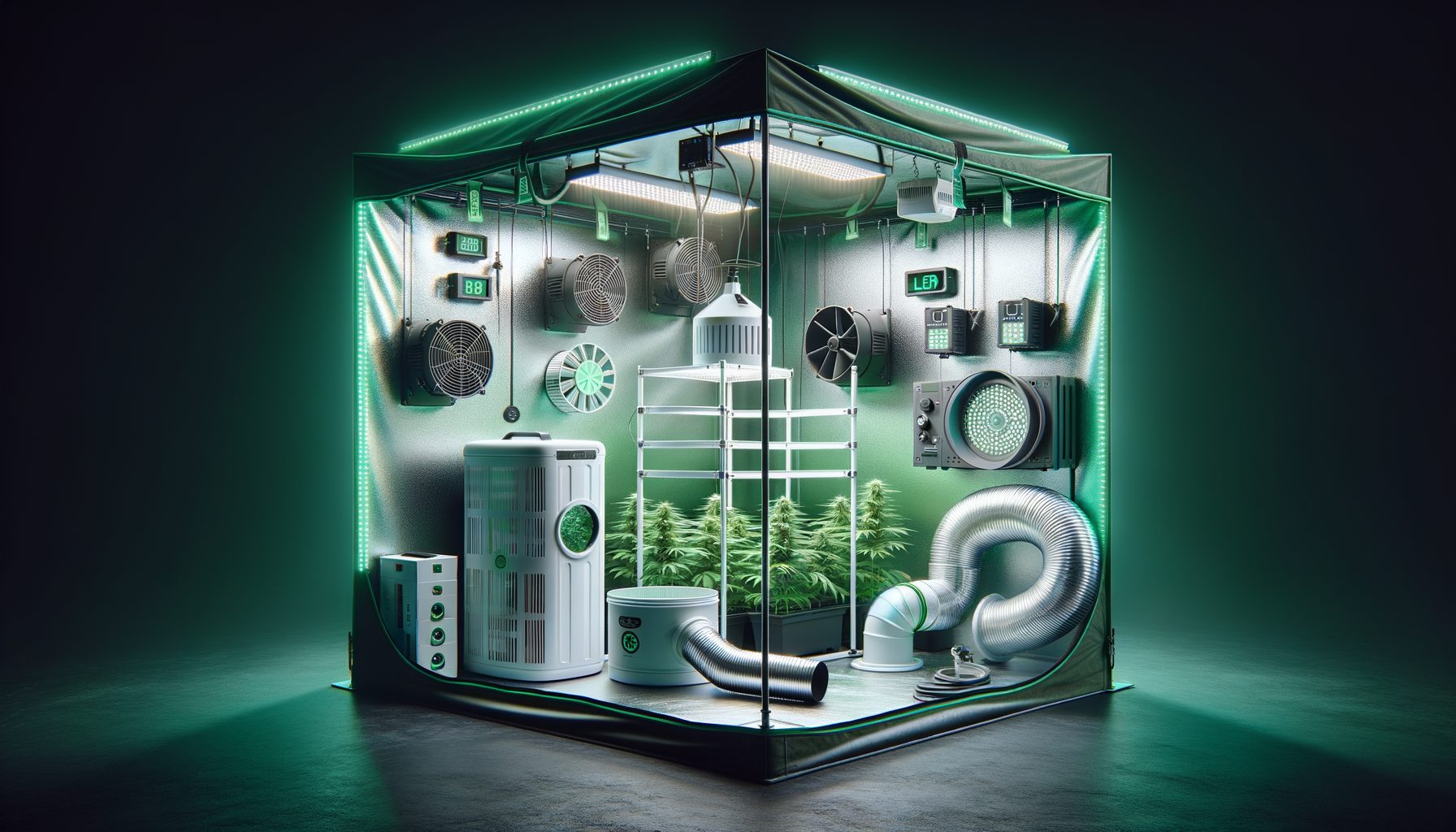 Setup completo de armario de cultivo indoor Armario de cultivo indoor montado con LED, extractor y filtro de carbón activo