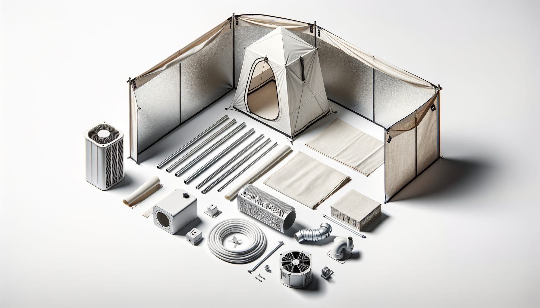 Componentes necesarios para montar un armario de cultivo indoor Componentes de un armario de cultivo indoor: varillas, tela, extractor, filtro de carbón y manguito