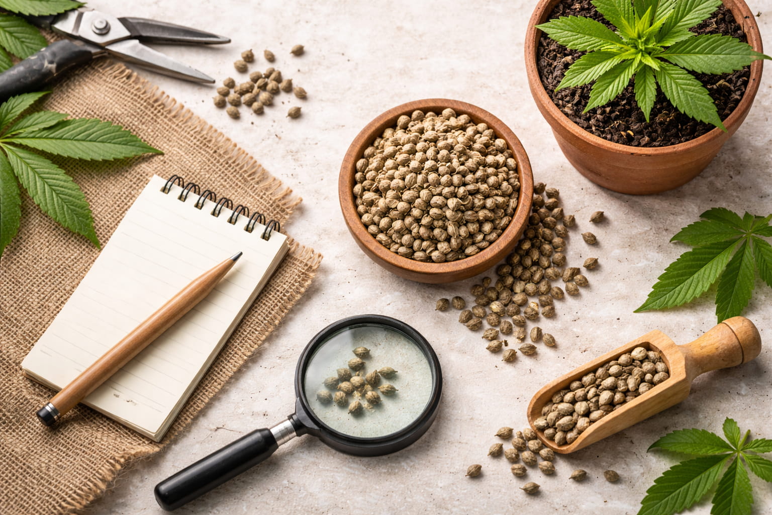 Detalle de semillas de cannabis observadas con lupa junto a maceta y hojas verdes