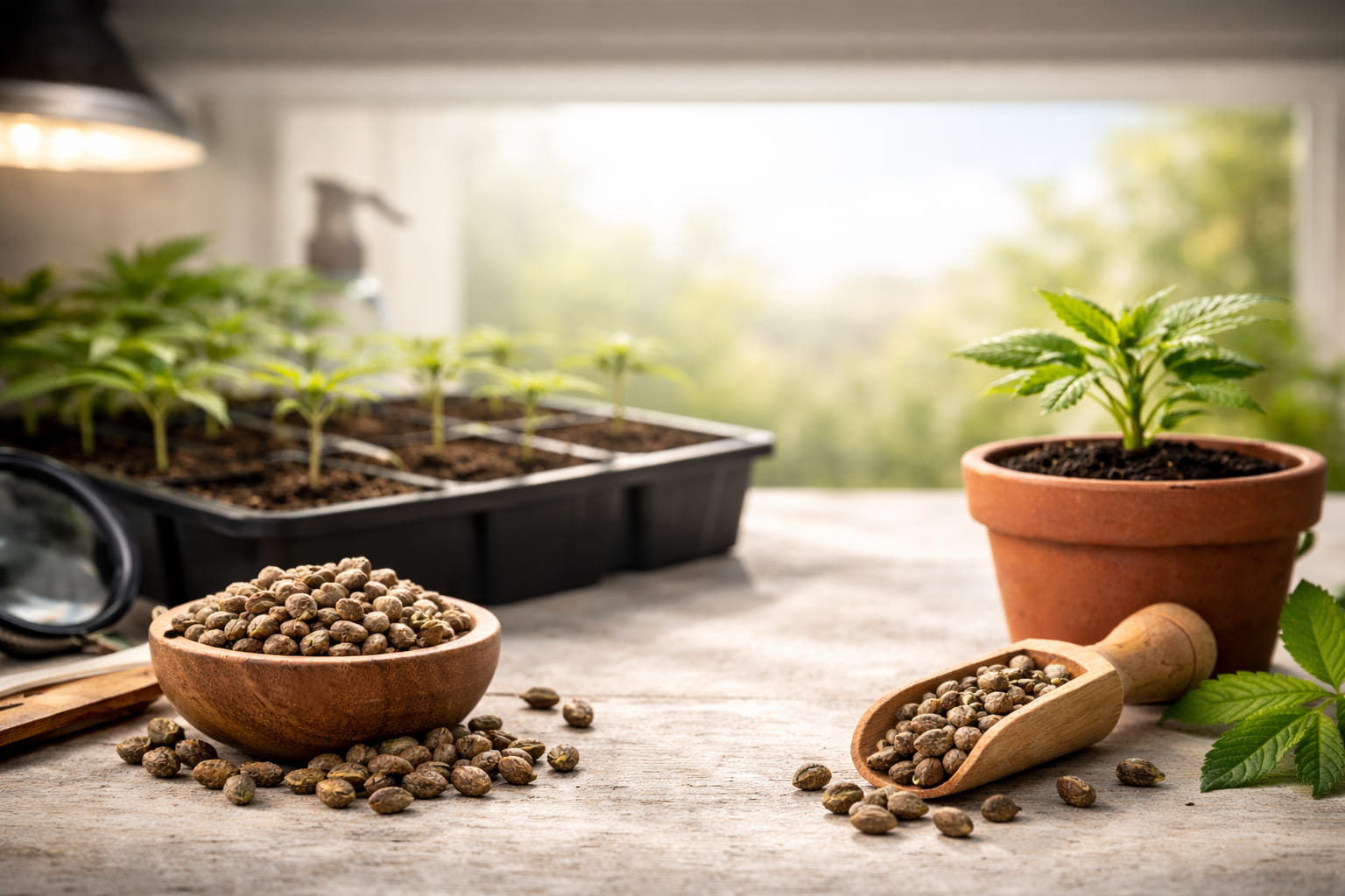 Semillas de cannabis en cuenco de madera junto a plántula en maceta sobre mesa de cultivo interior