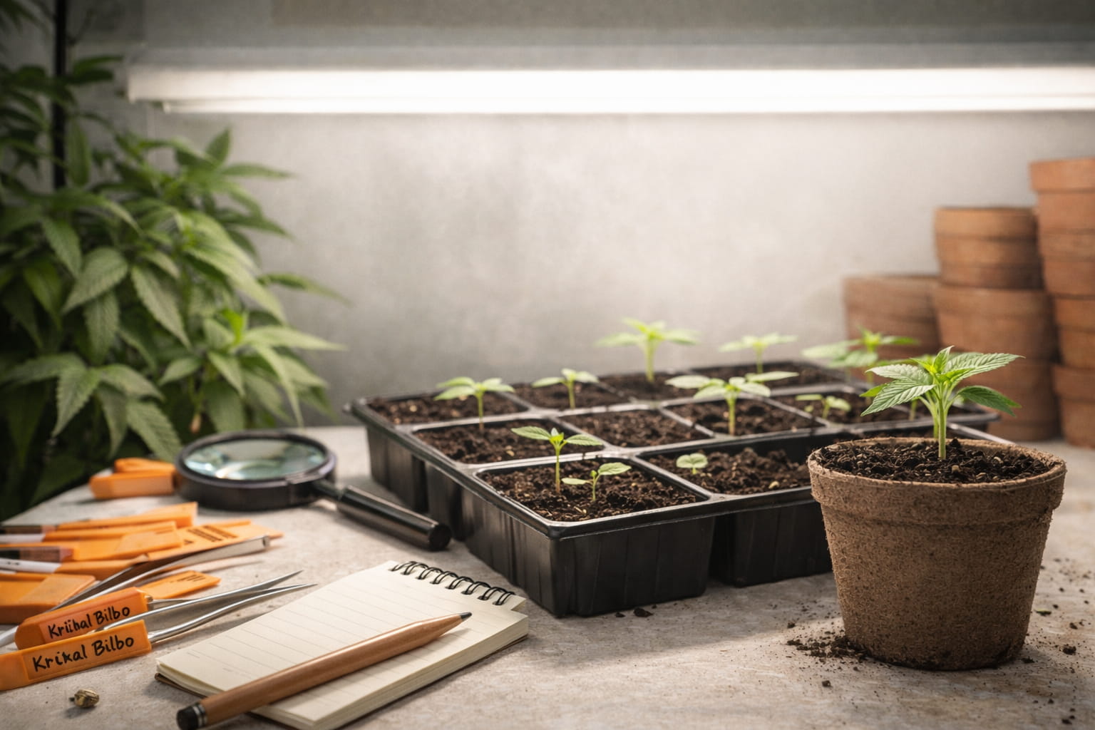 Bandeja de semillero con plántulas de cannabis feminizadas en interior junto a maceta y herramientas