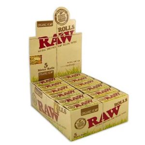 Paquete de Papel Raw Organic Rolls con 24 rollos visibles, papel natural para uso en parafernalia