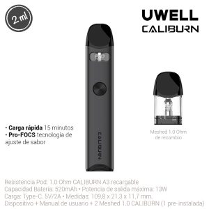 Vapeador Uwell Caliburn G3 Lite Thunder Kit en primer plano con diseño metálico y batería integrada para uso portátil