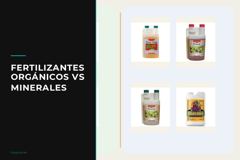 Comparativa visual de fertilizantes orgánicos y minerales con productos reales de Topgrow