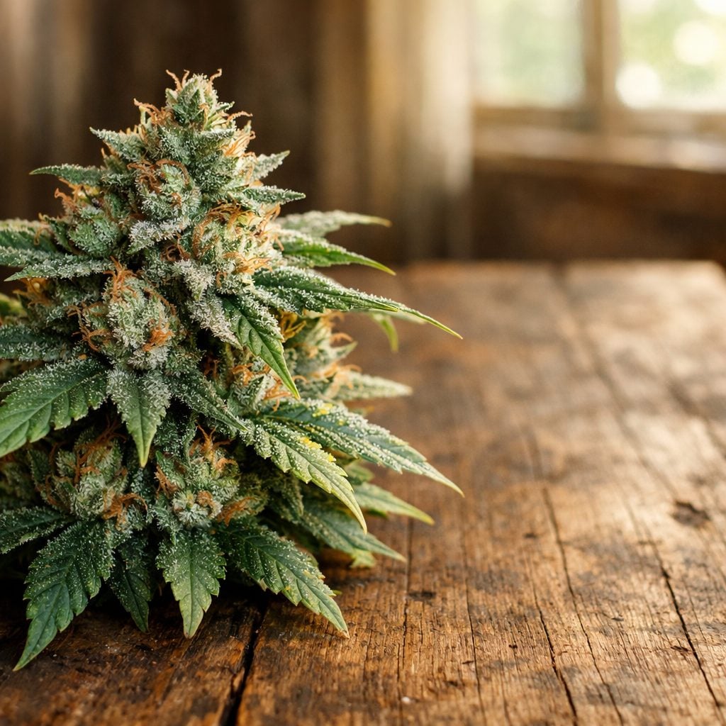 Planta de cannabis madura con tricomas visibles en cultivo interior