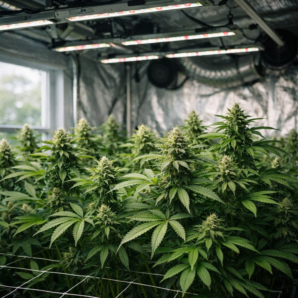 Cultivo indoor de cannabis con plantas sanas y vigorosas bajo iluminación LED