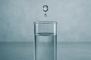 Una gota de agua perfecta cayendo sobre un vaso de cristal lleno de agua transparente, sobre fondo de hormigón pulido, evocando precisión y pureza