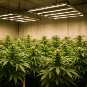 Interior de un armario de cultivo indoor con luces LED y plantas en fase de crecimiento con fotoperiodo 18/6