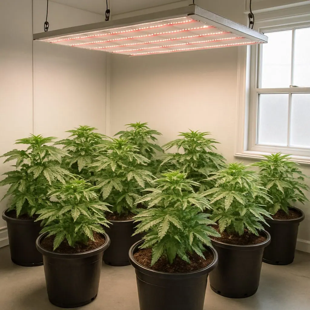 Instalación para cultivo indoor de cannabis con luces LED y macetas medianas