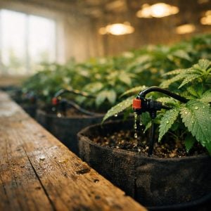 Sistema de riego por goteo automático instalado en cultivo indoor