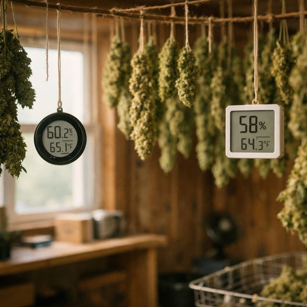 Cogollos de cannabis colgados para secado controlado en interior